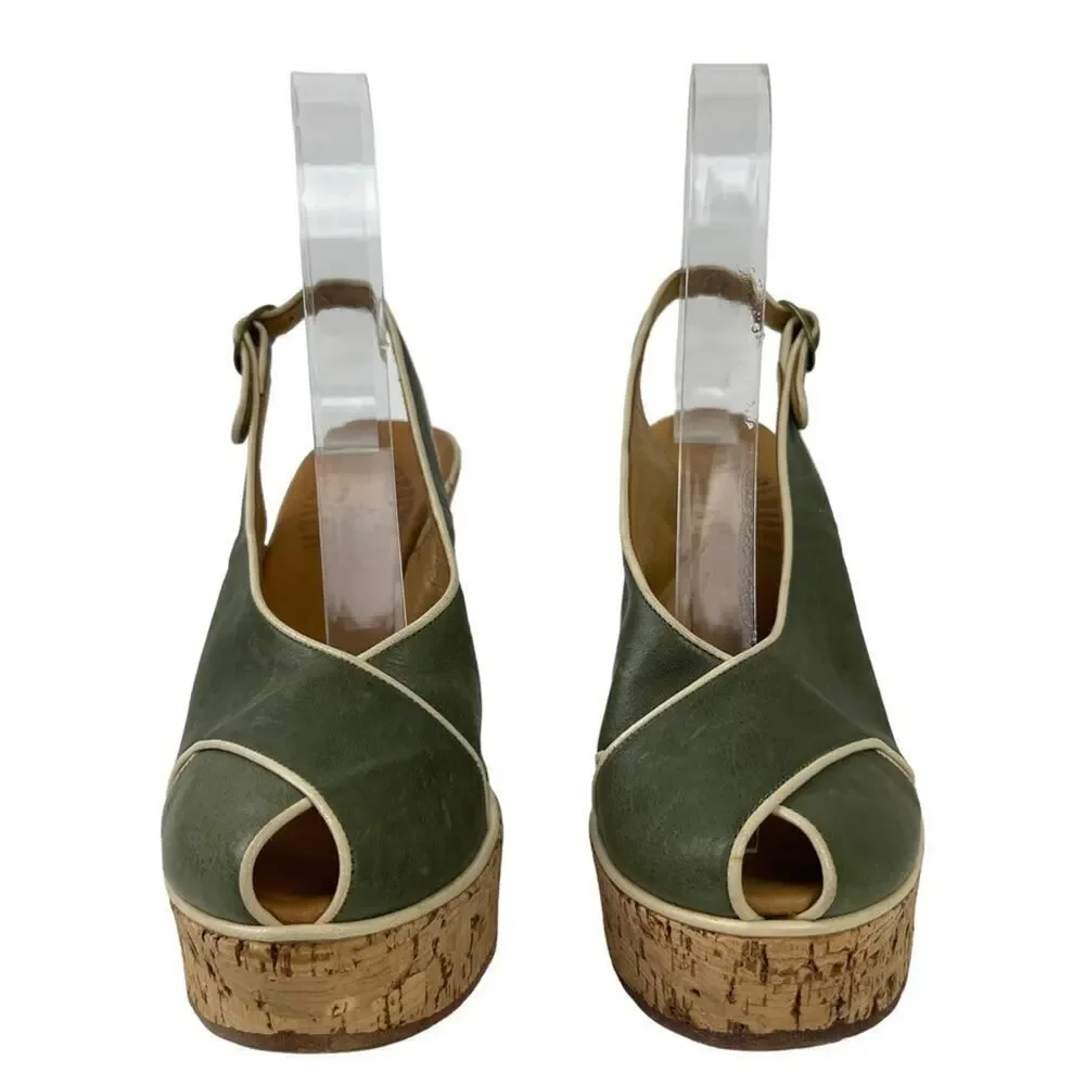 Fiorentini Baker Platform Cork Wedge Ankle Strap Green Leather Peep Toe Sandals